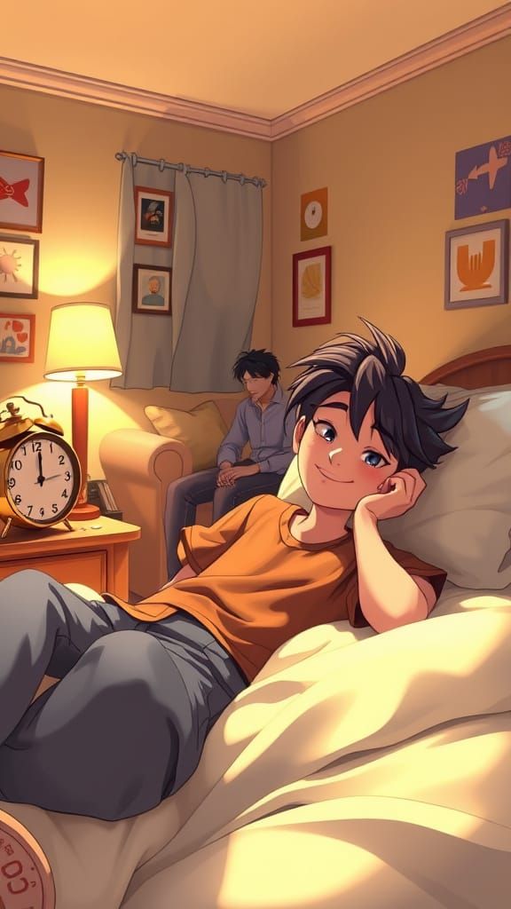 Whimsical Bedroom Scene with a Friend and Talking Clock