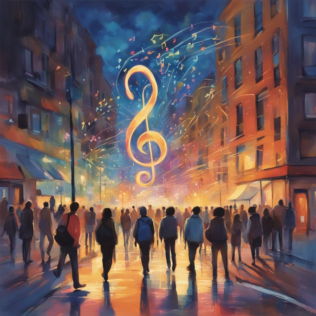 Glowing Music Notes Rise in Whimsical Cityscape
