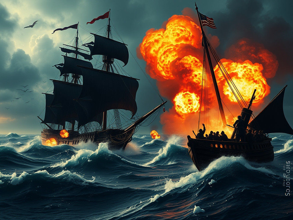 Pirates vs Spanish Galleon on Stormy Sea in Ink Painting