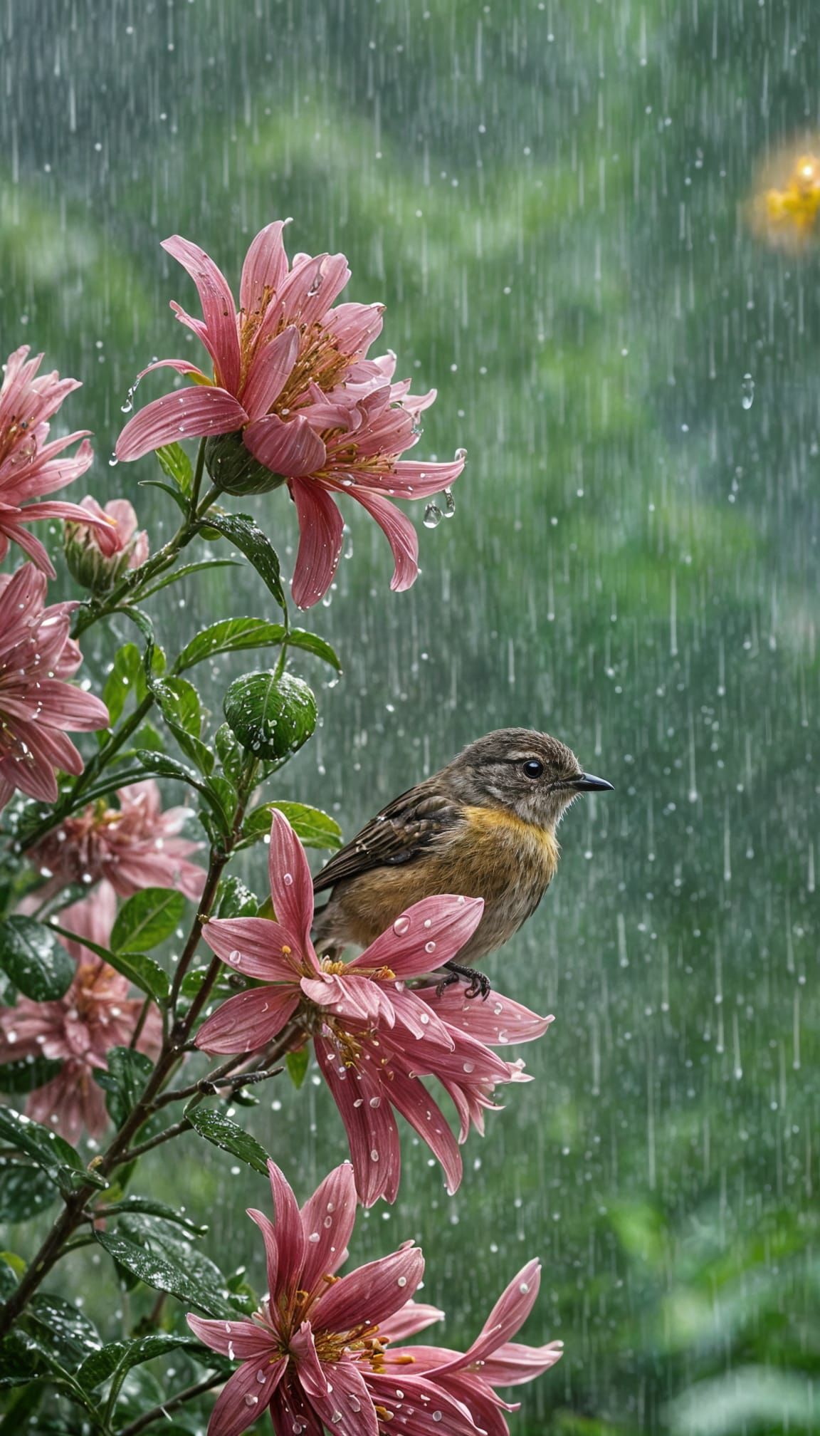 Bird Seeks Shelter from Rain Under Flower