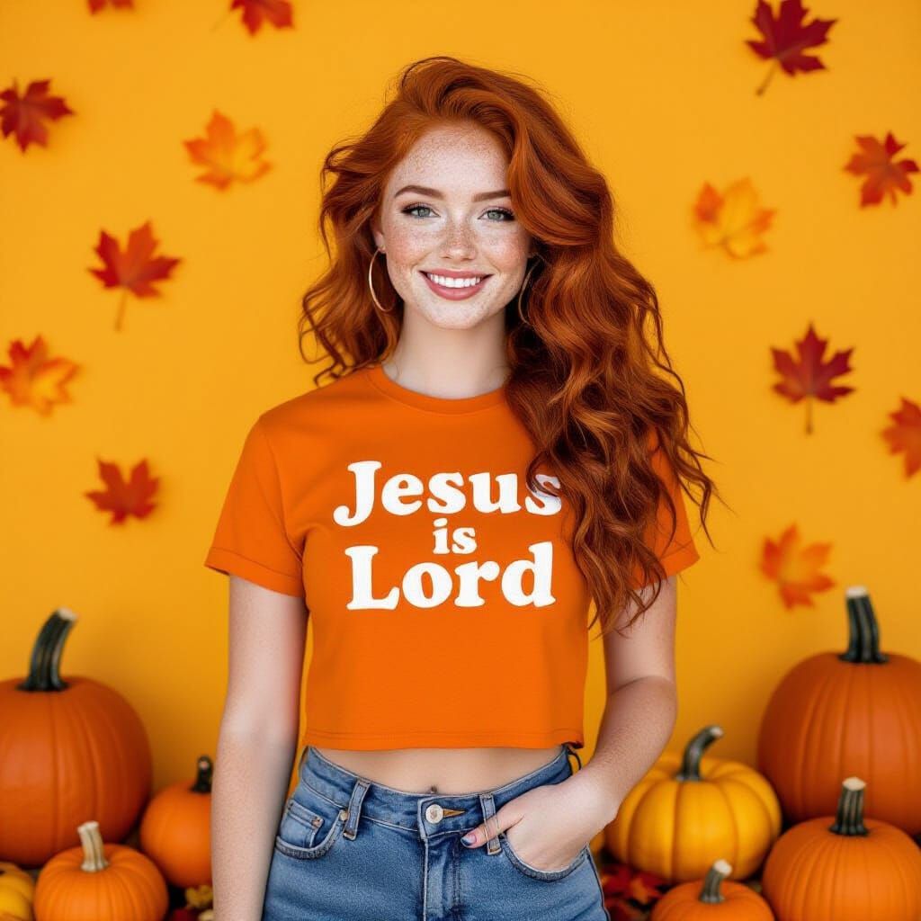 Orange "JESUS IS LORD" Cropped Tee Lifestyle Photo