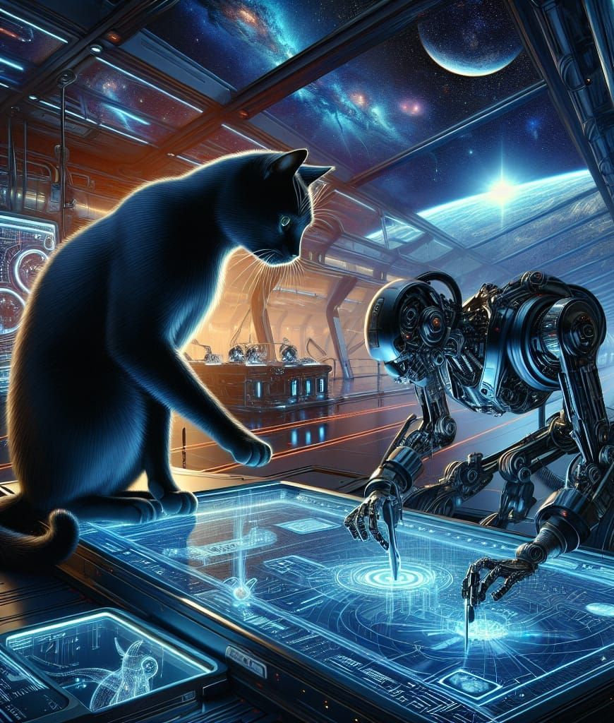 Black Cat Directing Robot in Futuristic Space Station