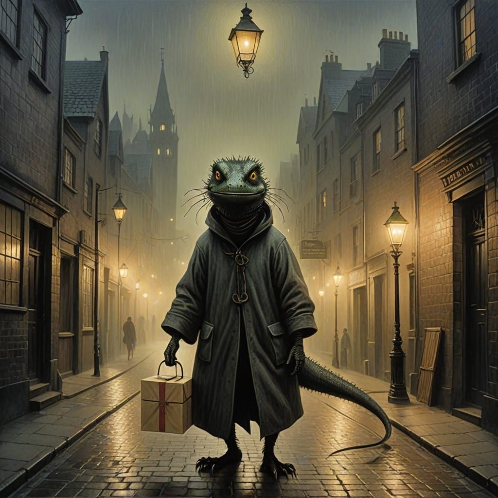 Gorey-Style Lizard Creature in Misty Victorian Alleyway