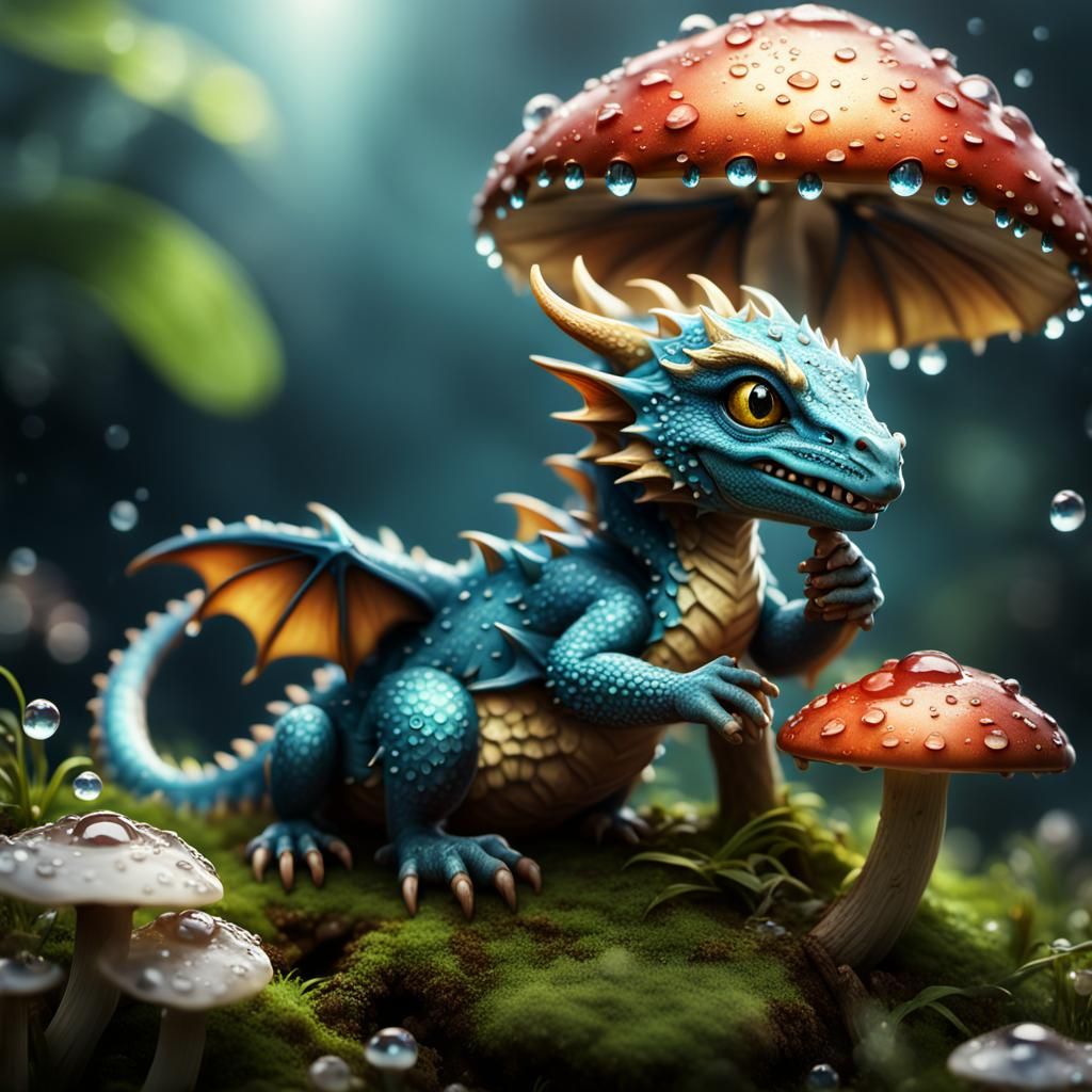 Tiny Dragon on Mushroom: Macro Fantasy Art