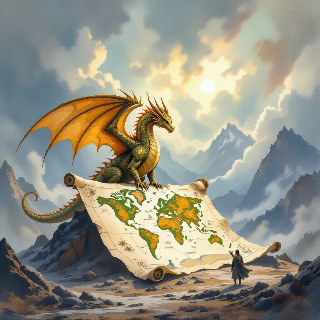 Golden Dragon on Ancient Map in Epic Fantasy Landscape