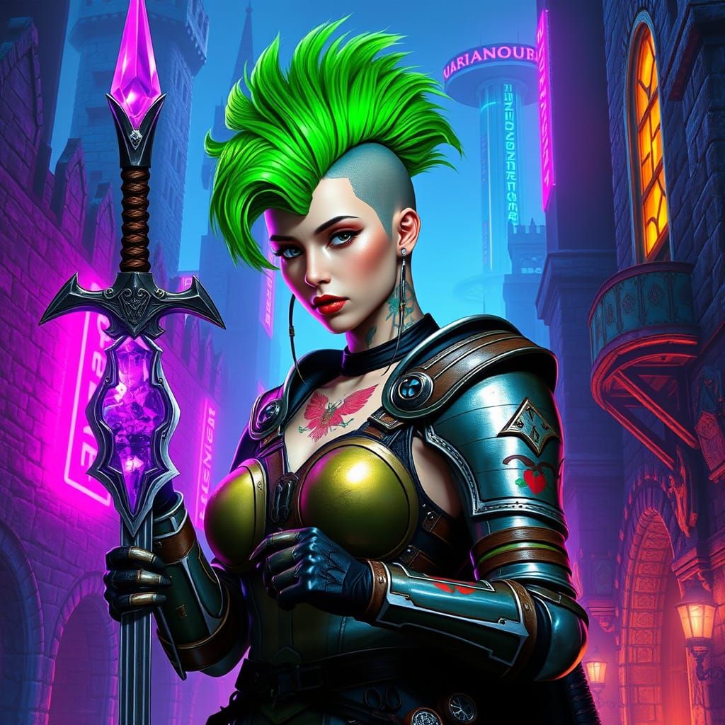 Cyberpunk Medieval Warrior with Crystal Sword