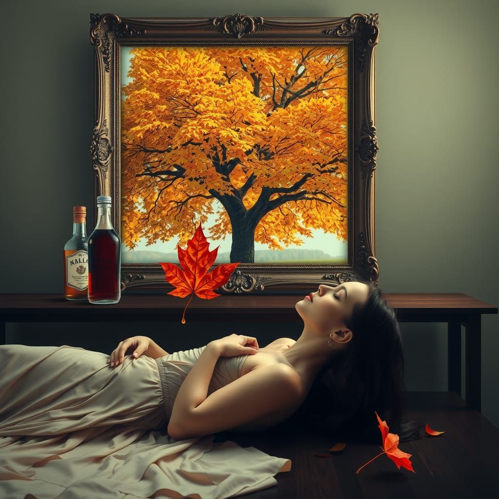 Surreal Autumn Scene with Maple and Floating Syrup