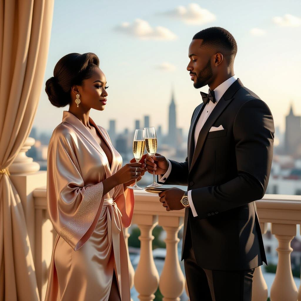 Glamorous Woman on Balcony in Odutola-esque Portrait