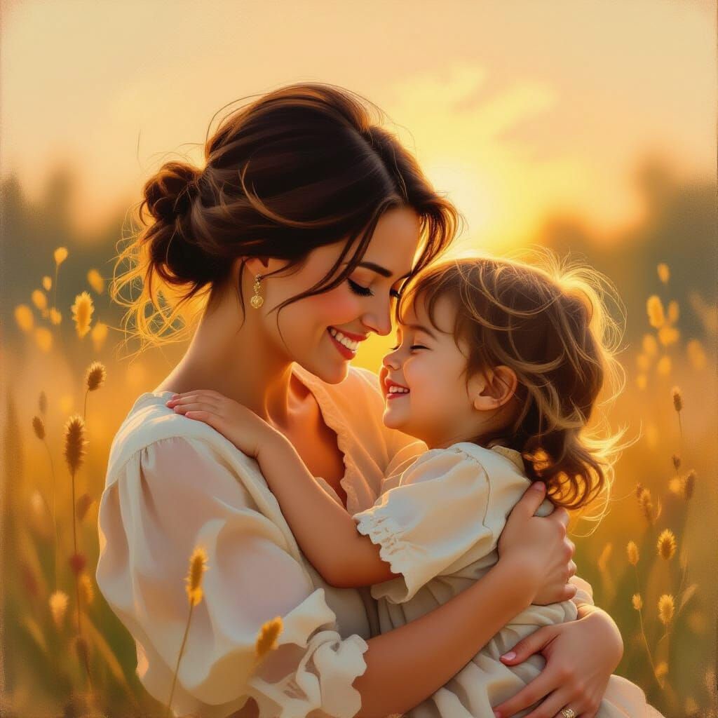 Mother and Child Embrace in Golden Hour Oil Painting