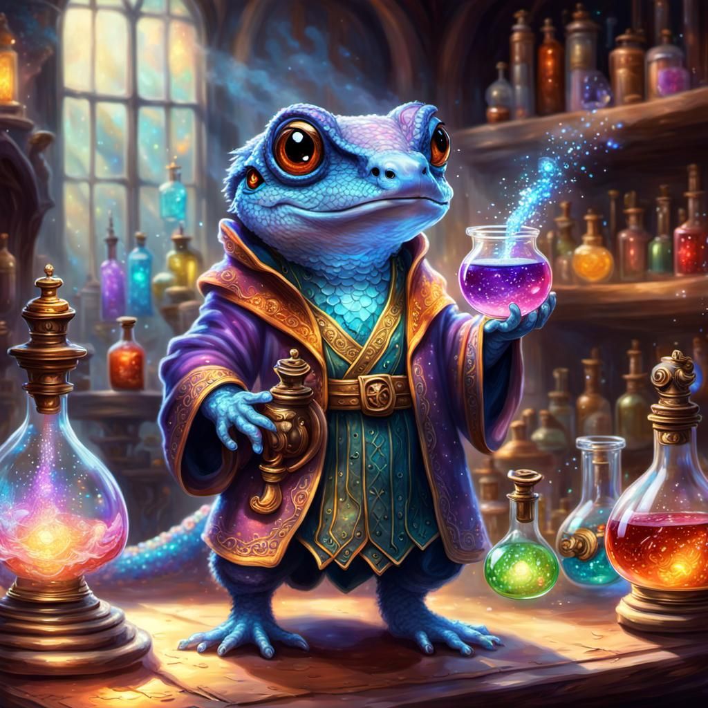 Cute Salamander Wizard in Alchemist Lab