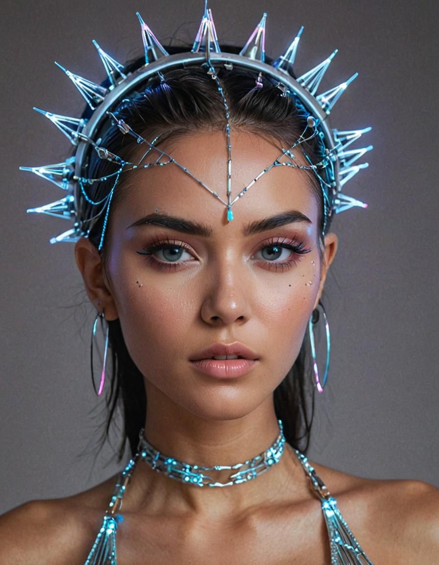 Neon Lit Portrait of Woman with Glowing Circuitry