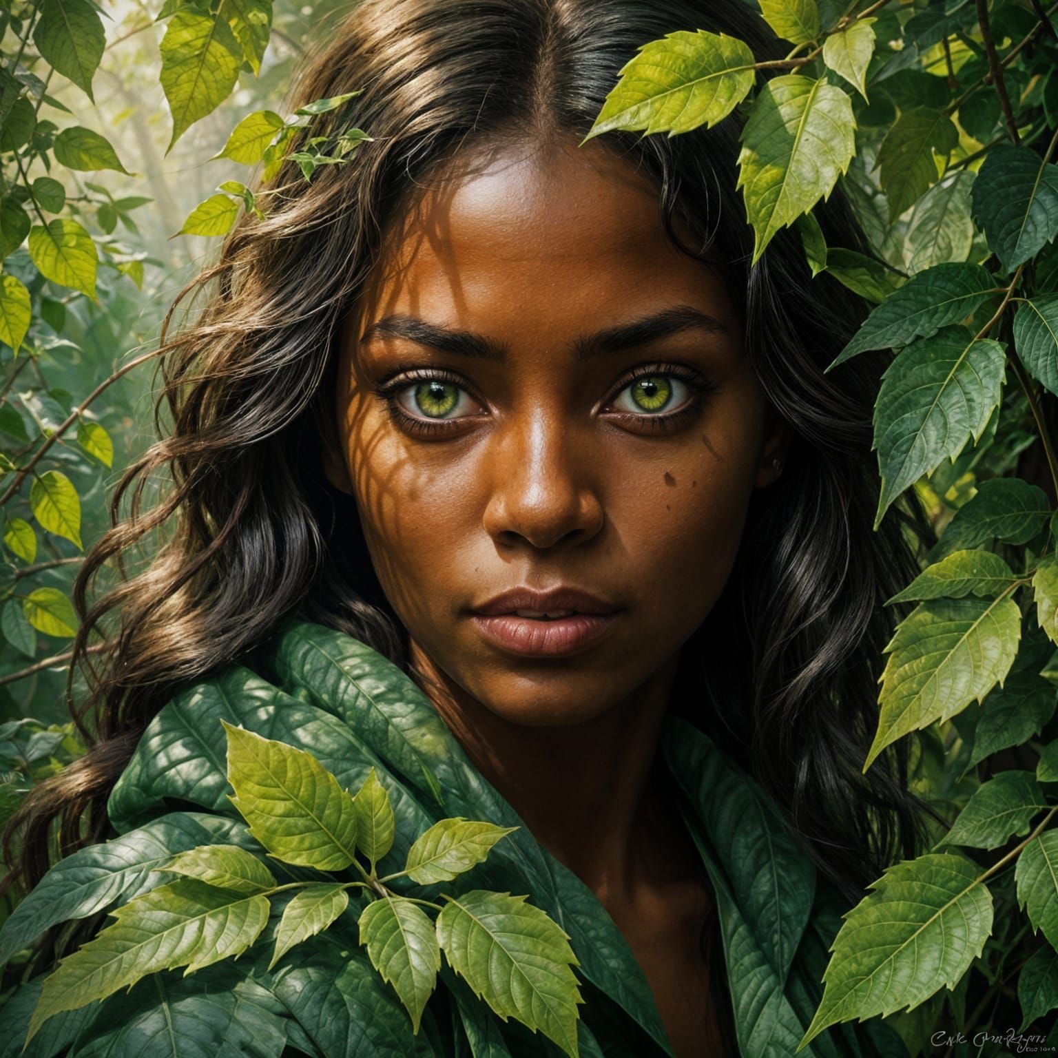 Sultry Woman Hides Behind Emerald Leaves in Oil Painting