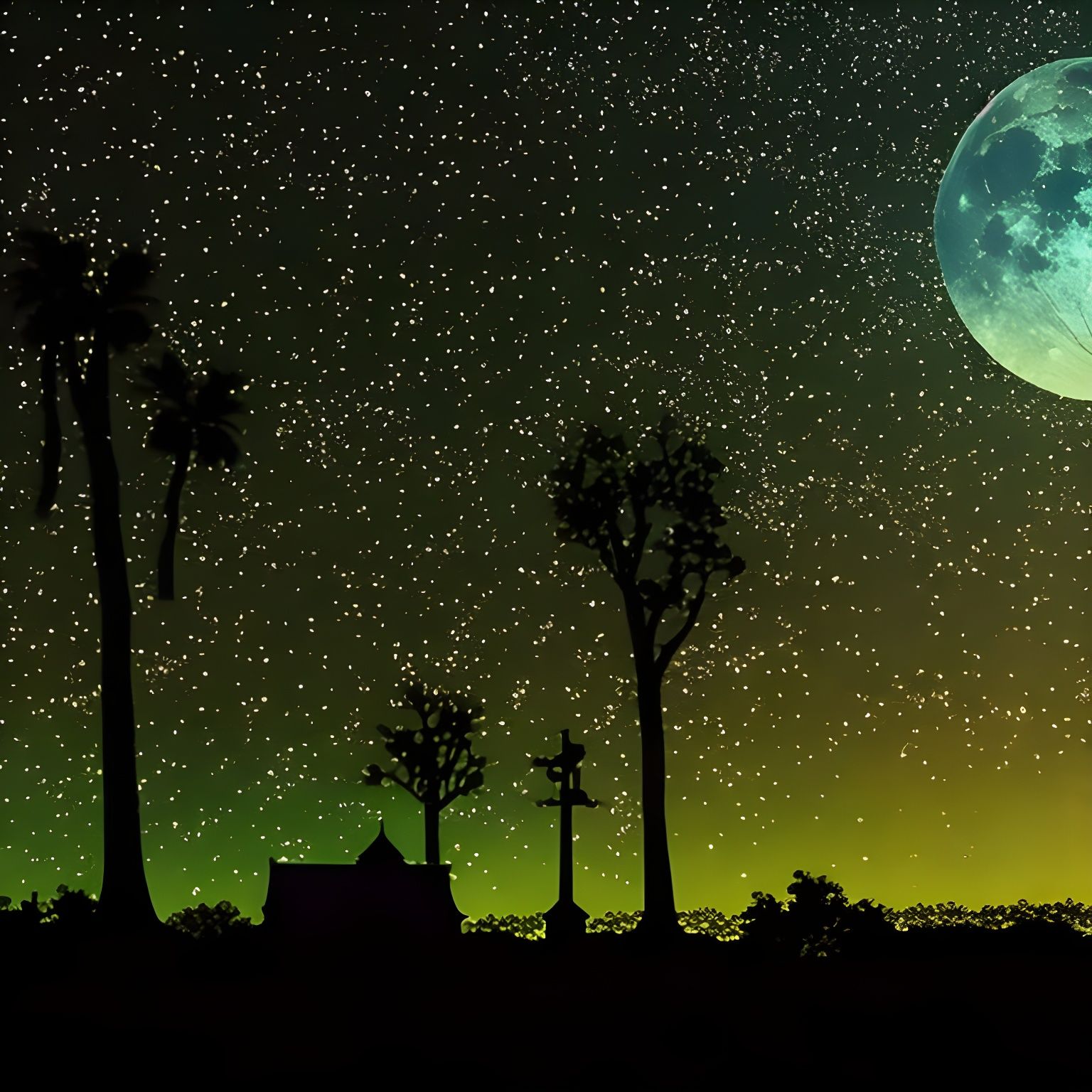 Starry starry sky, bright full moon,  silhouette