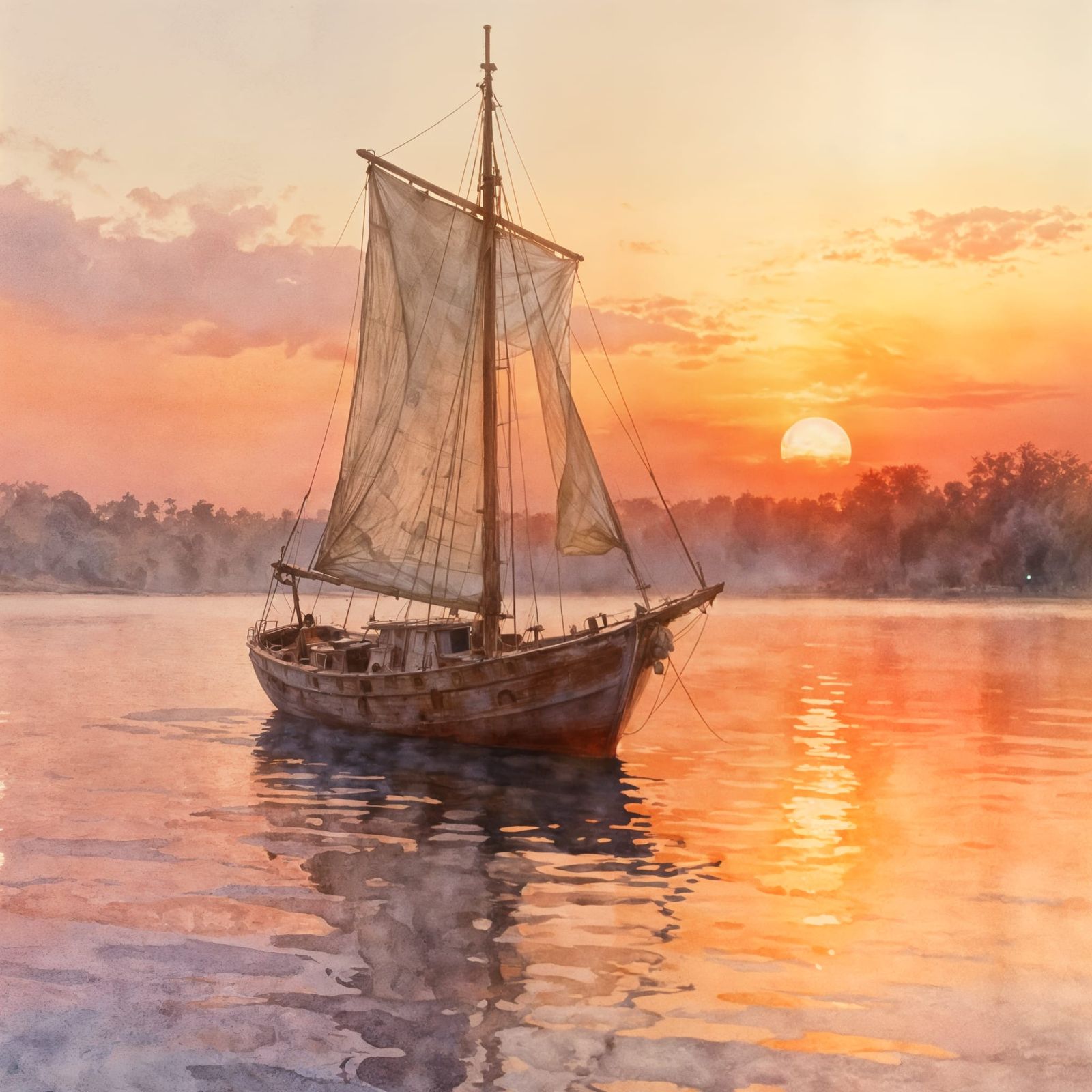 Old Sailing Boat on Lake at Sunset