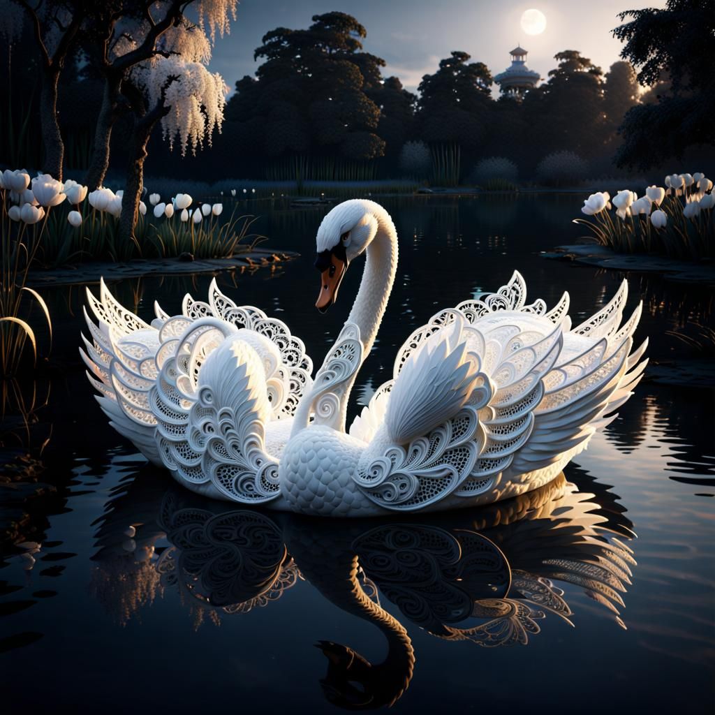 Lace Swan on Pond: Detailed CGI Image