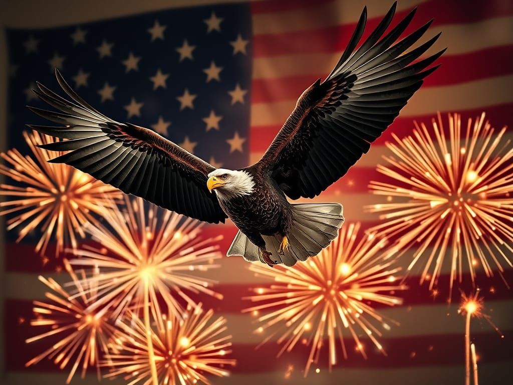 American Bald Eagle Soaring with Fireworks Display