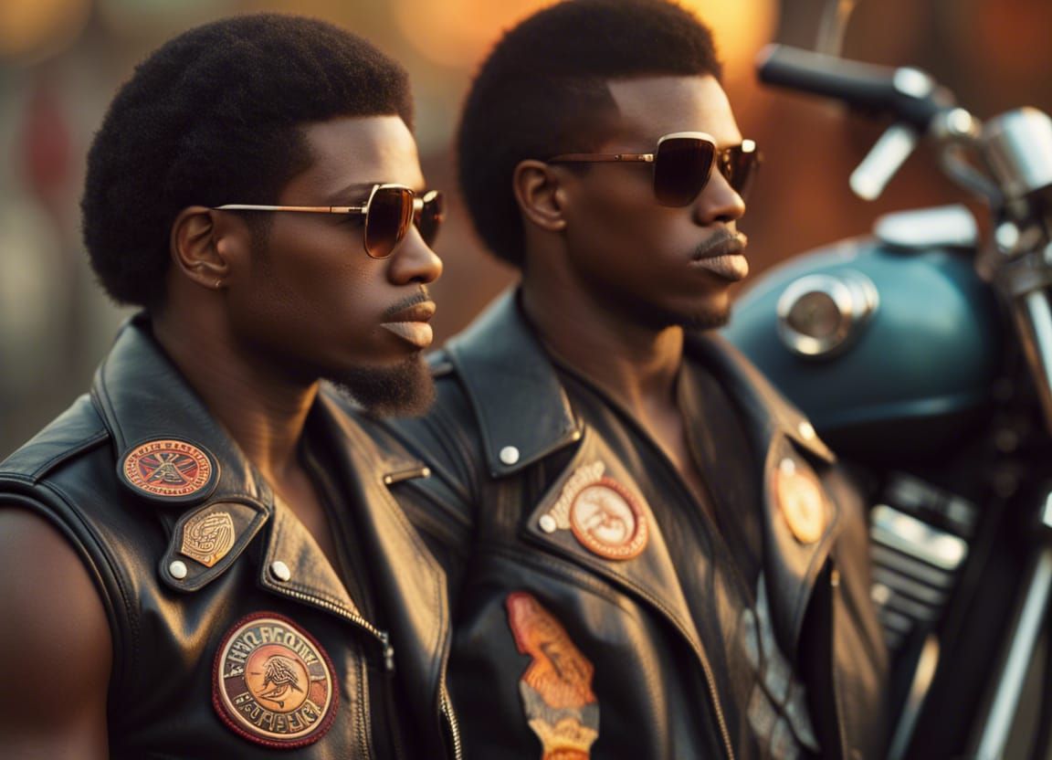 Afrocentric Biker Gang at Sunset in Hyperdetailed Photo