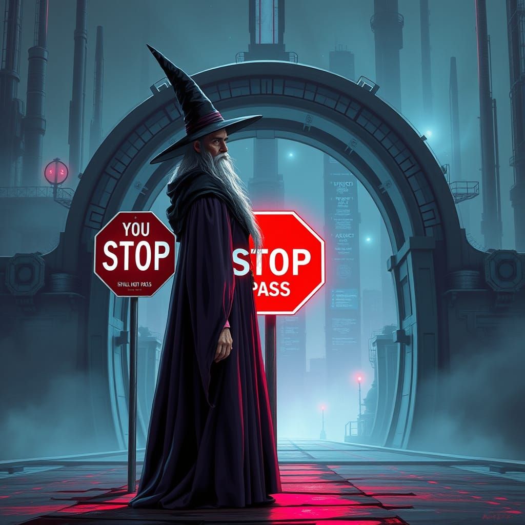 Wizard Guardians the Gate of a Futuristic City