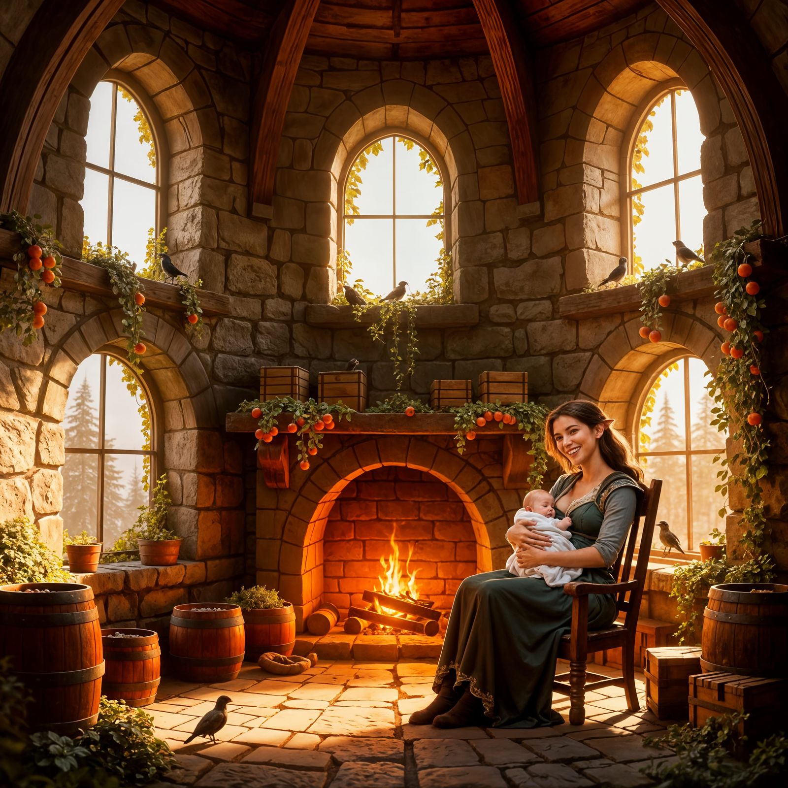 Druid Mother and Baby with Elf Ears in Tower