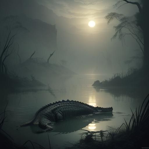 Crocodile Eyes in Misty Swamp: Charcoal Drawing
