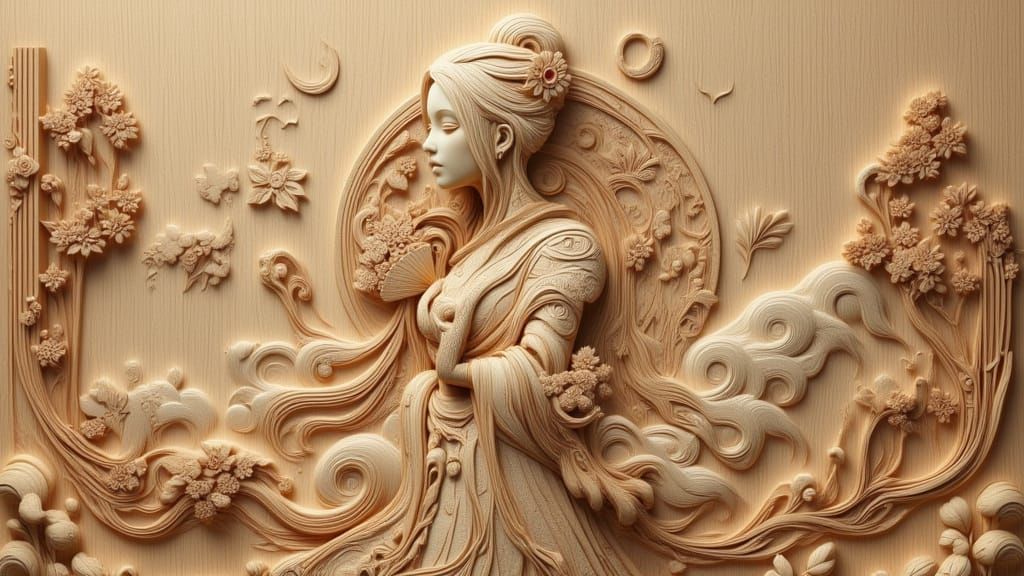 Wooden Woman Sculpture in Takashi Murakami Style