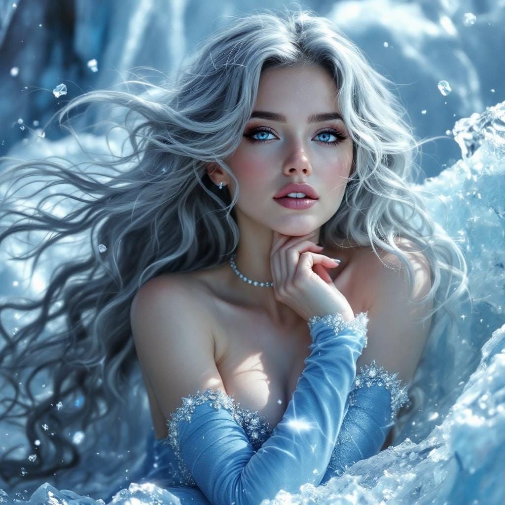 Captivating Silver-Haired Beauty in Frozen World, Art Nouvea...