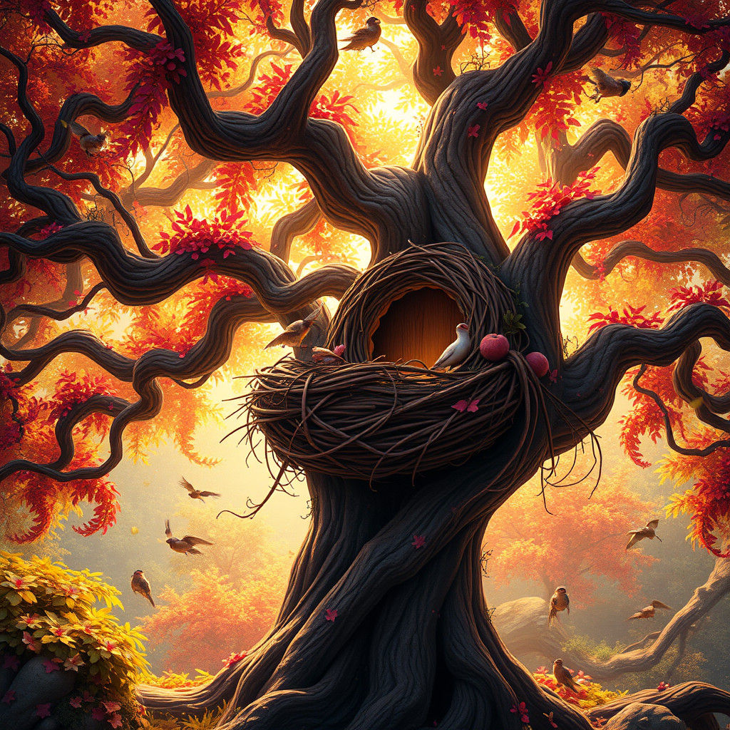 Whimsical Tree with Animal Nest in Fantasy Forest