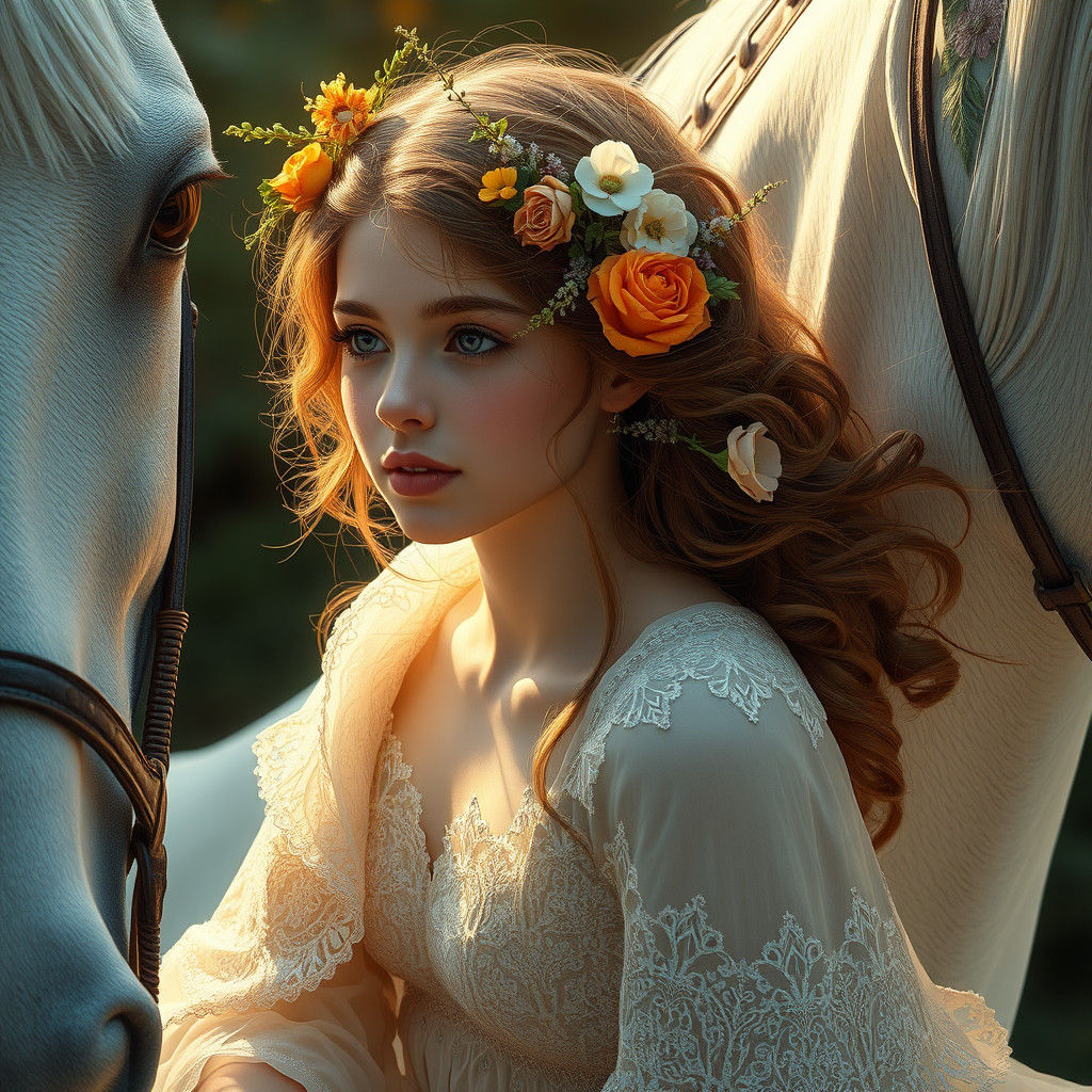 Ethereal Flower Girl with White Horse in Art Nouveau Style