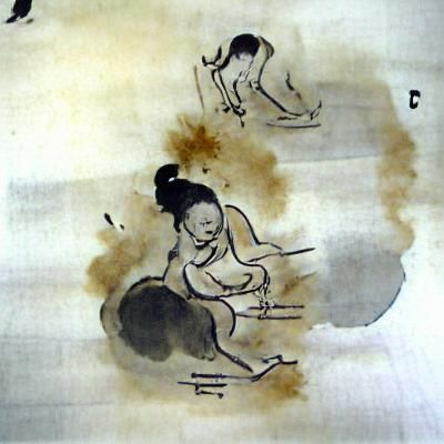 Woman Giving Birth in Sumi Ink Wash