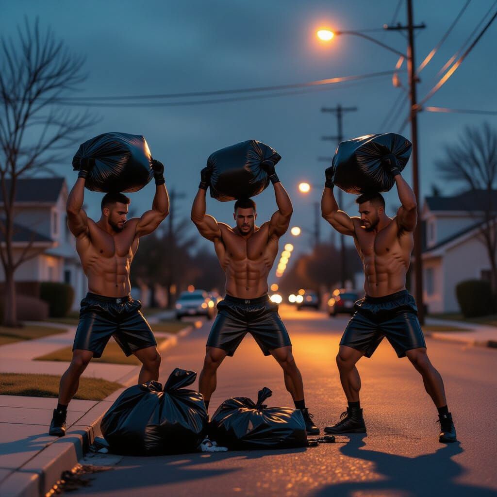 Muscular Men Tossing Trash Bags at Twilight
