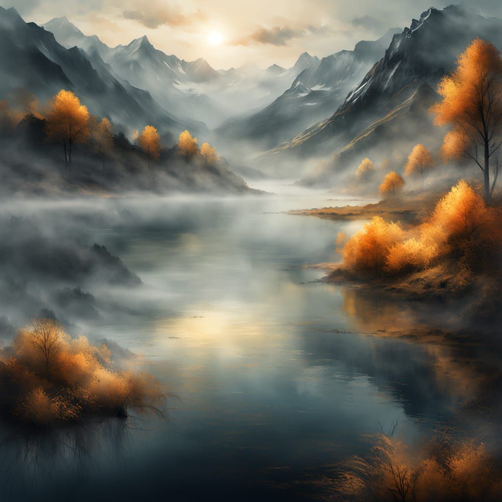 Surreal Mountain Lake Scene in Expressionist Digital Art