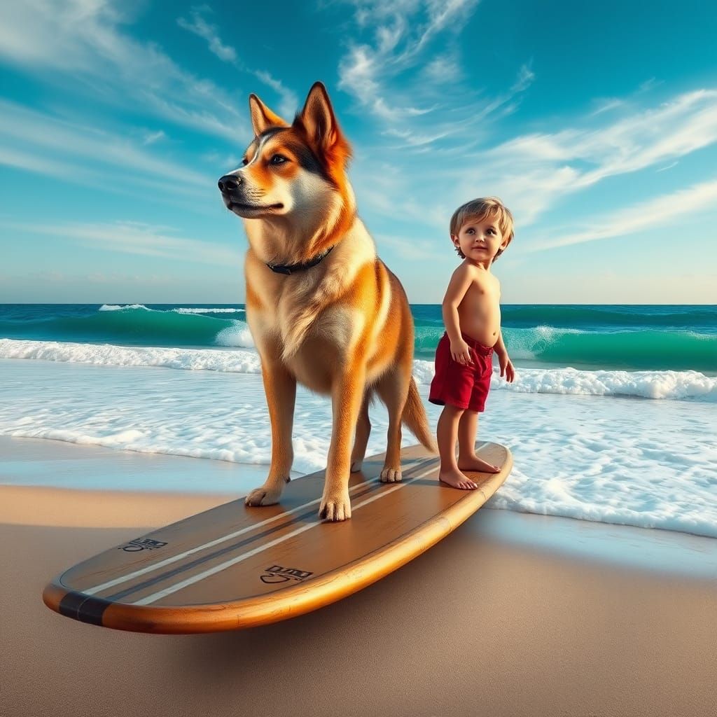 Dog and Boy Surf Adventure on Dream Beach