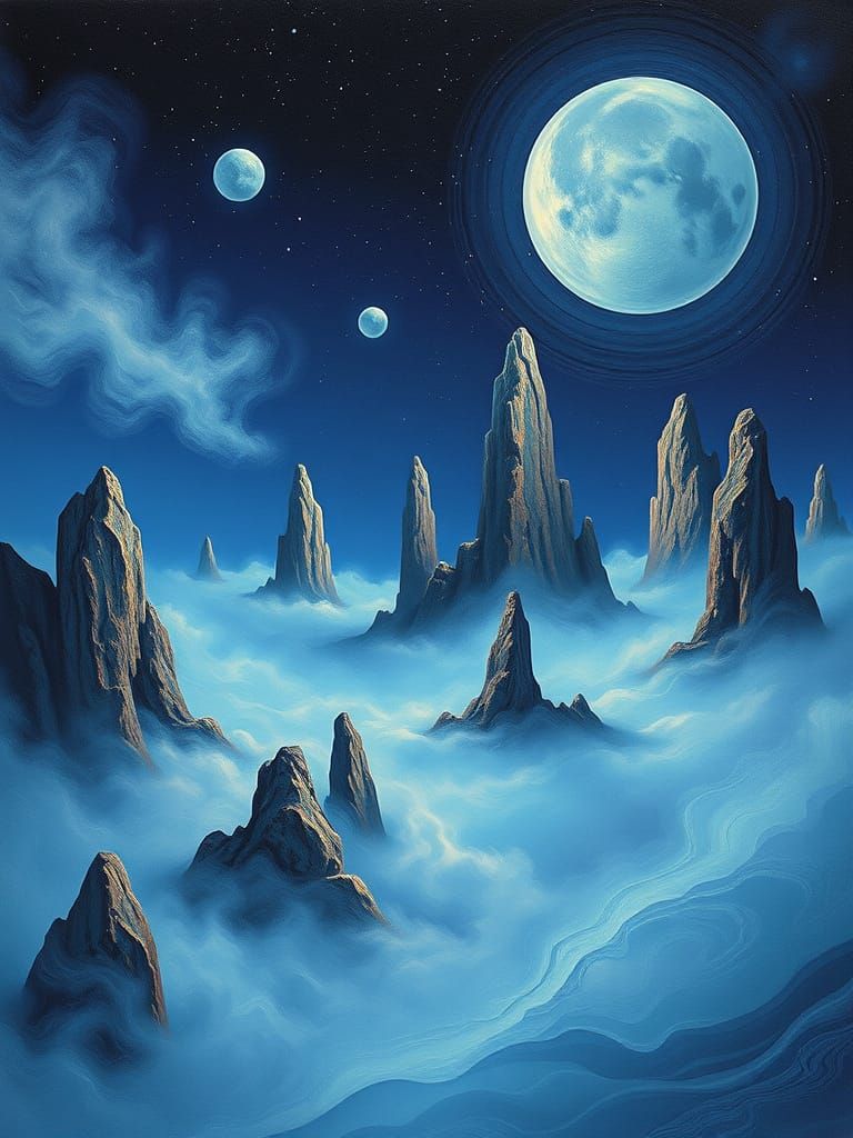 Surreal Indigo Sky Over Alien Rock Formations in Fog