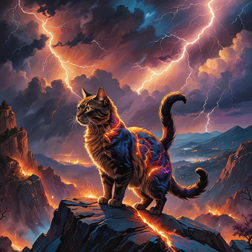 Cat on Cliffside in Fiery Fantasy Storm