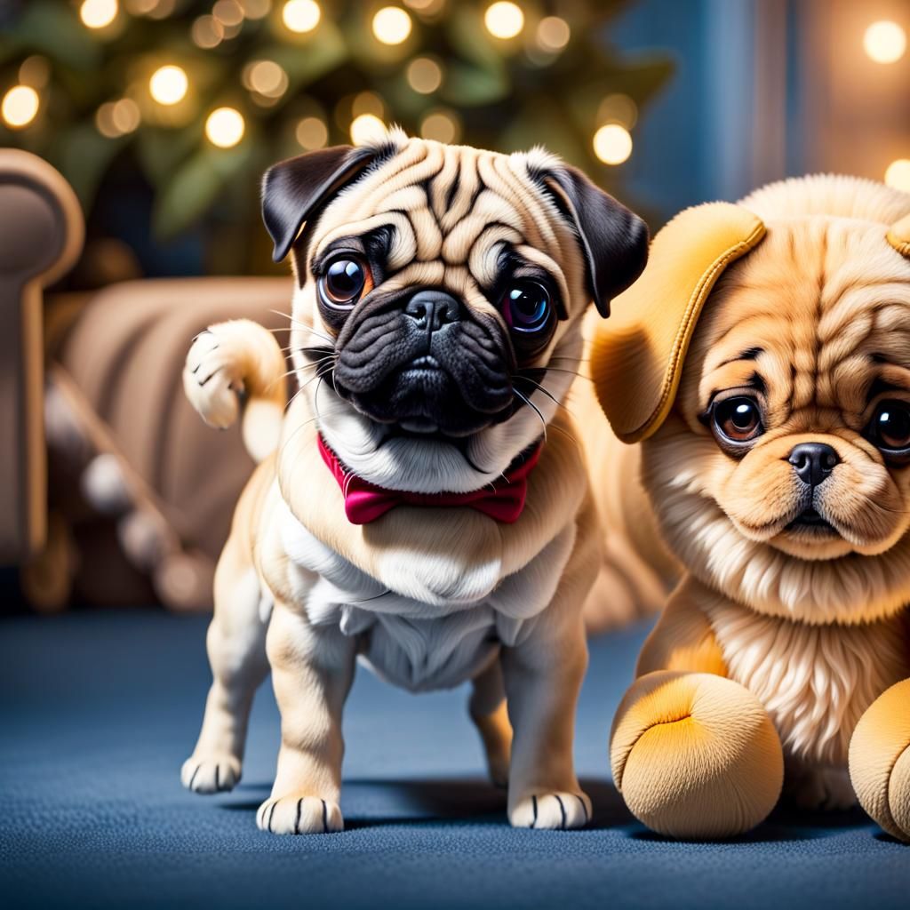 Hyperrealistic Pug Dog Portrait with Plush Toy