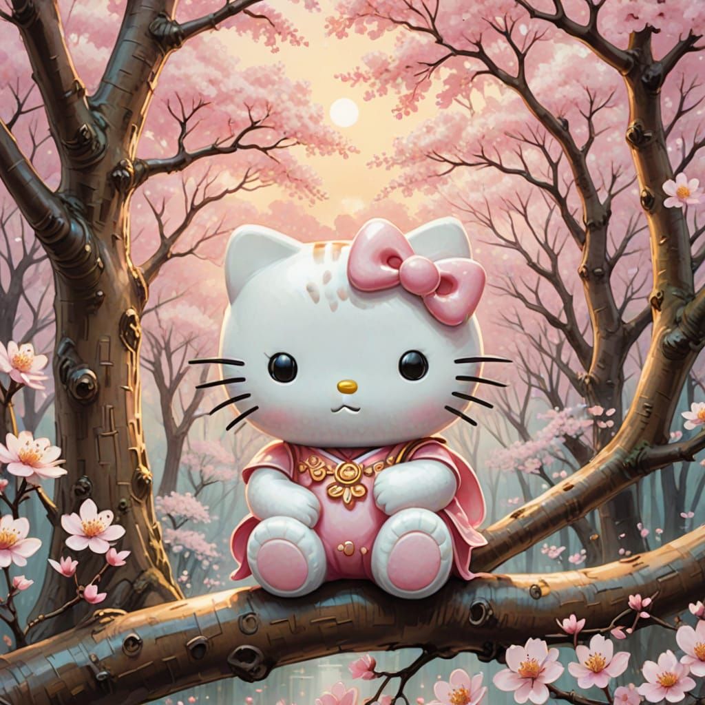 Kawaii Hello Kitty in Cherry Blossom Forest