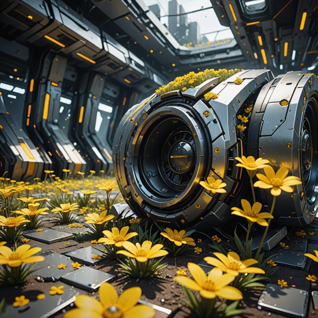 Futuristic Sci-Fi Art with Flowers and Metal Accents