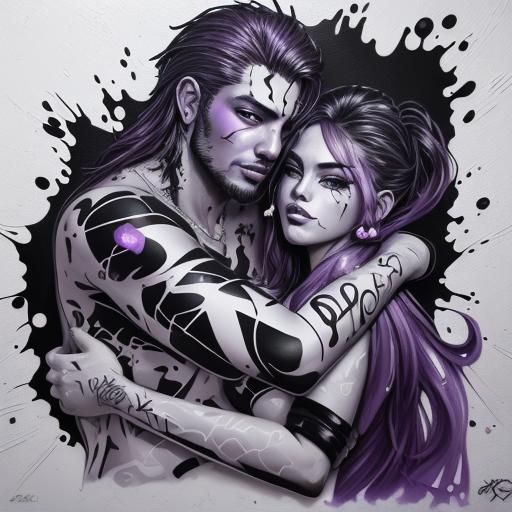 Polychromatic Graffiti Art: Cuddling Couple in Black and Whi...