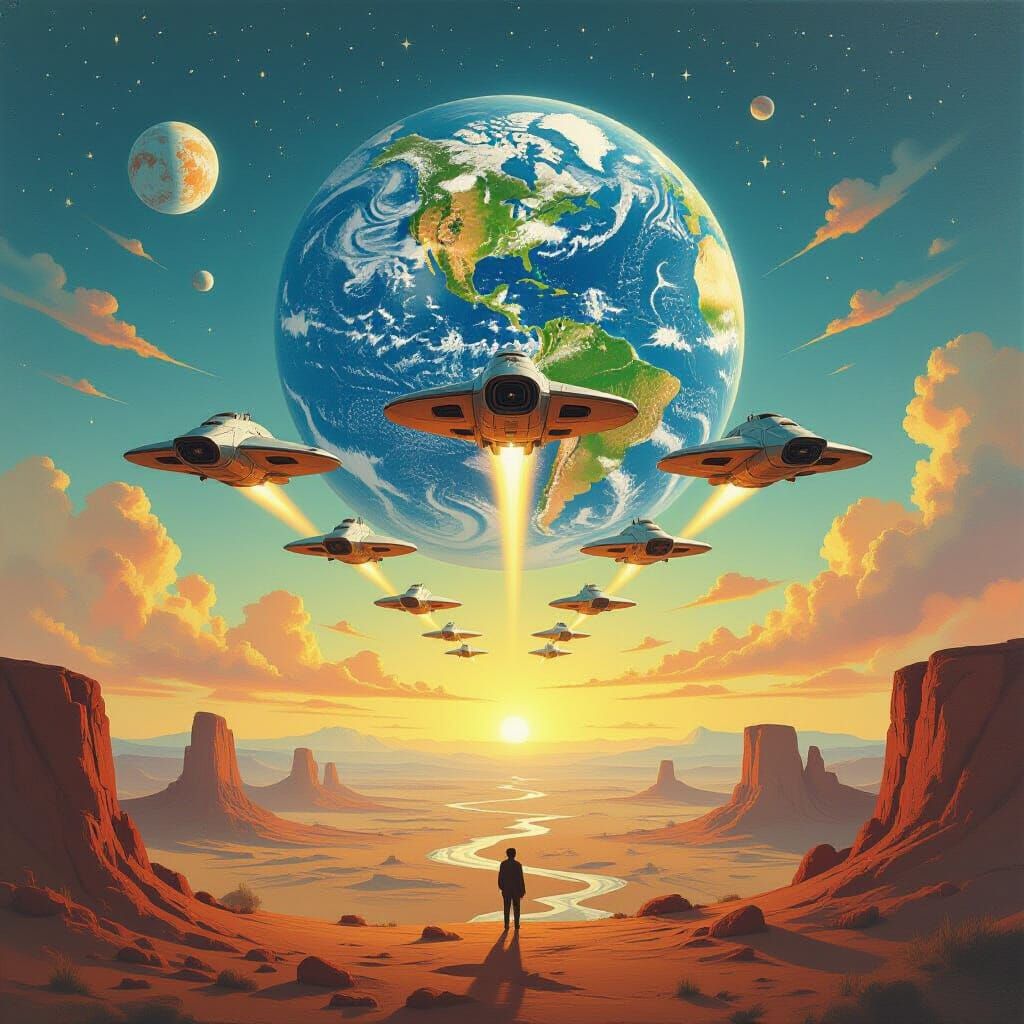 Spaceships in Formation Over Earth in Surreal Landscape