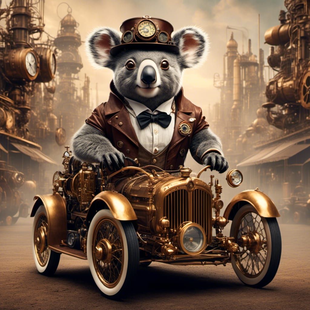 Steampunk Koala Bear and His Car