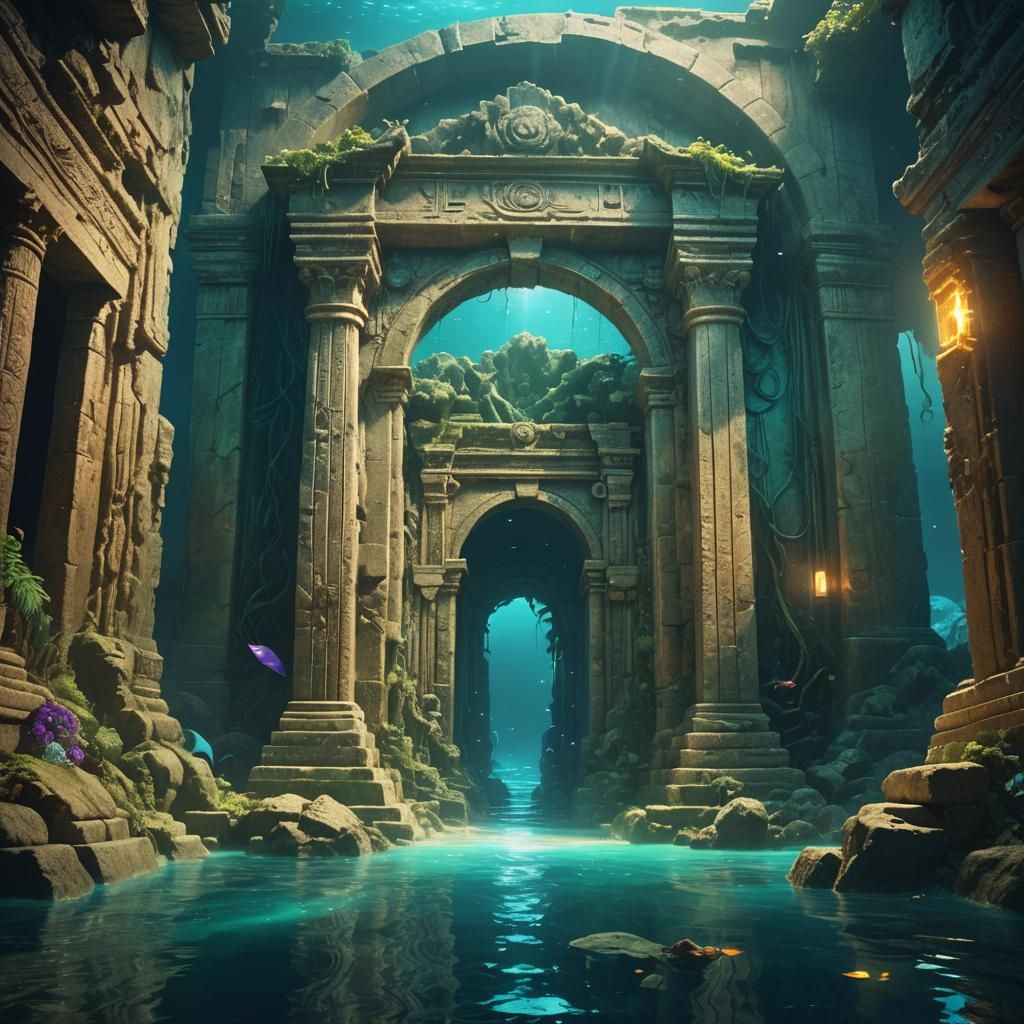 Sunken Temple Ruins with Glowing Eyes, Fantasy Concept Art