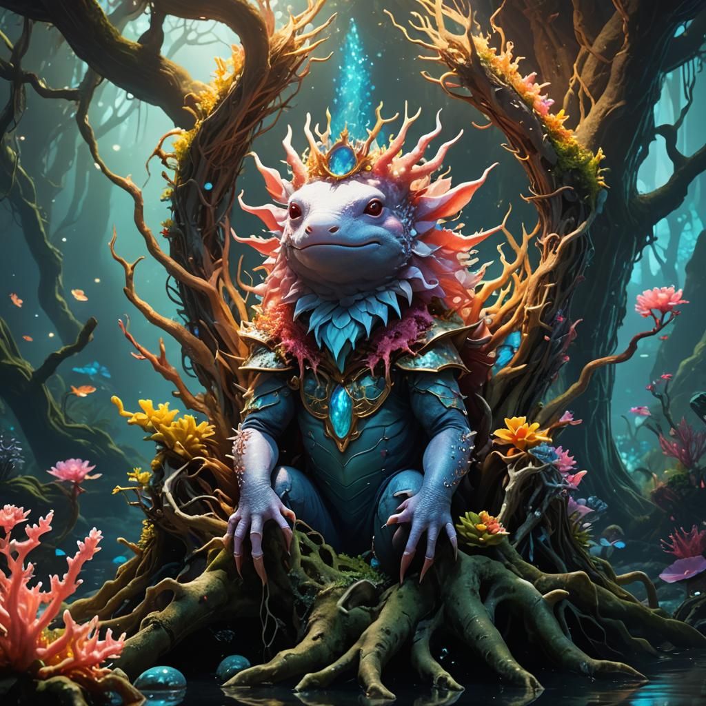 Axolotl King on Coral Throne: Fantasy Art