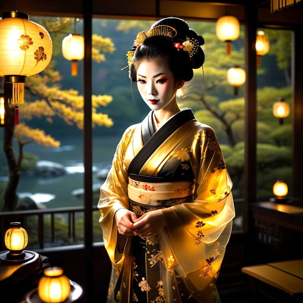 Bioluminescent Geisha in Tea Room, Professional Photography