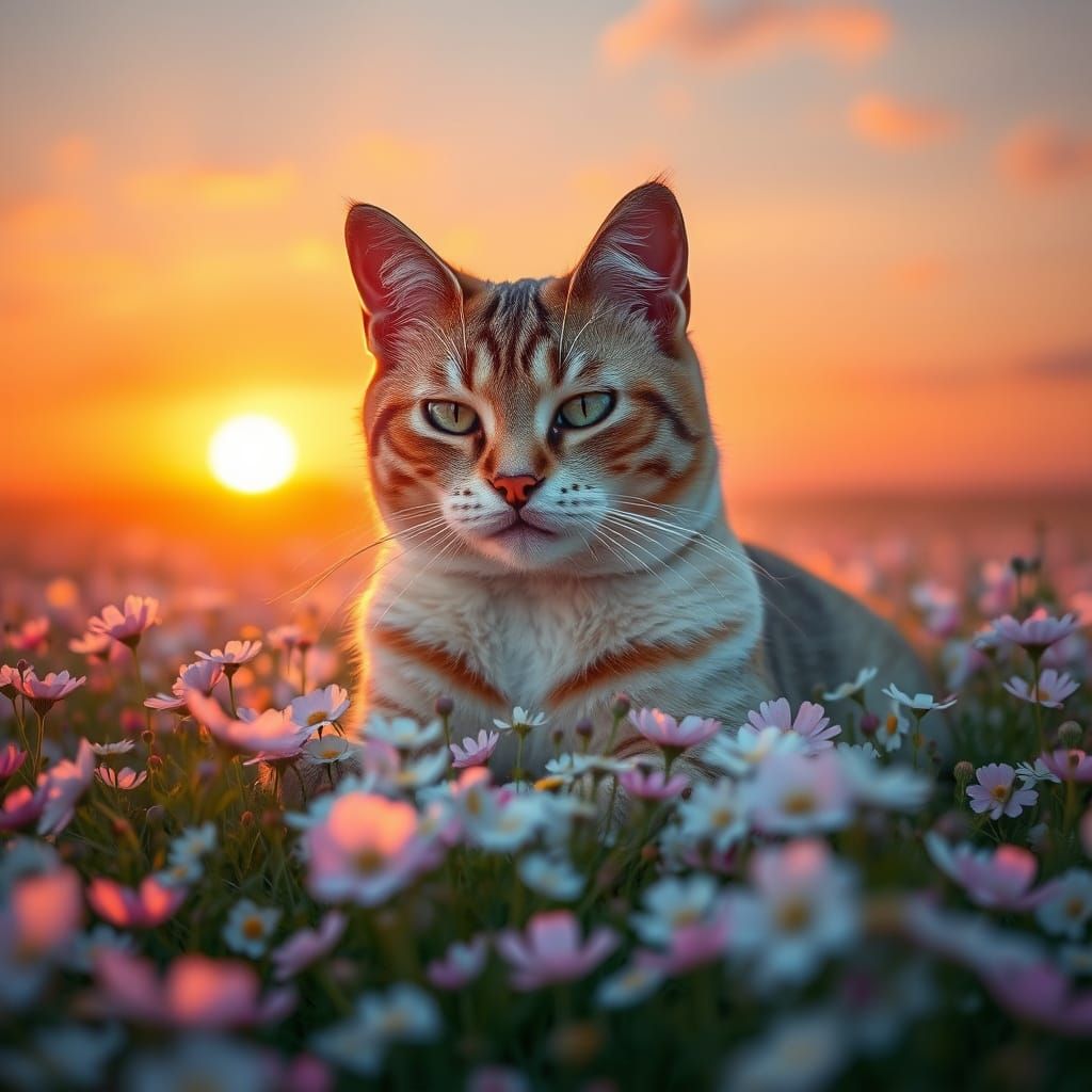 Serene Feline in a Vibrant Sunset Meadow