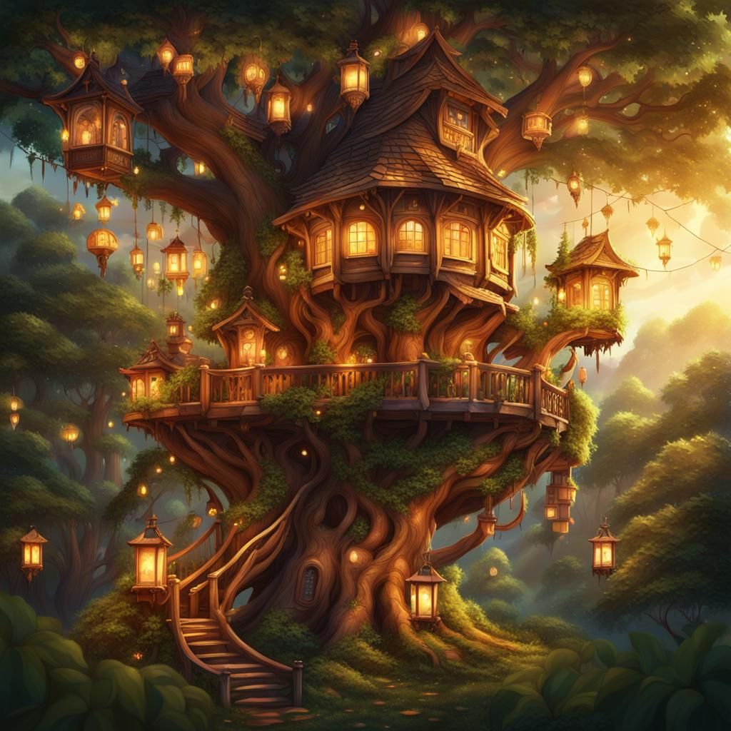 Cozy Treehouse in Fantasy Illustration Style