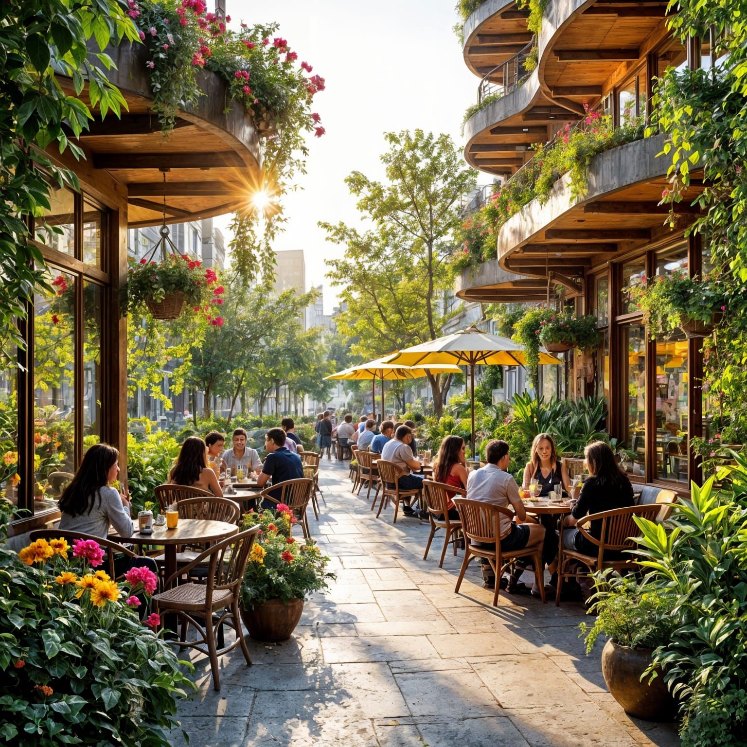 Solarpunk City Cafe Terrace at Golden Hour