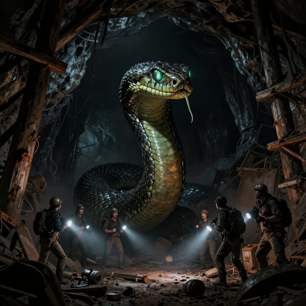 Giant Mutated Snake Threatens Explorers in Dark Coal Mine