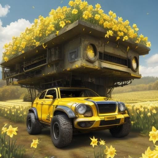 Chibi Robot in Daffodil Field, 3D Render