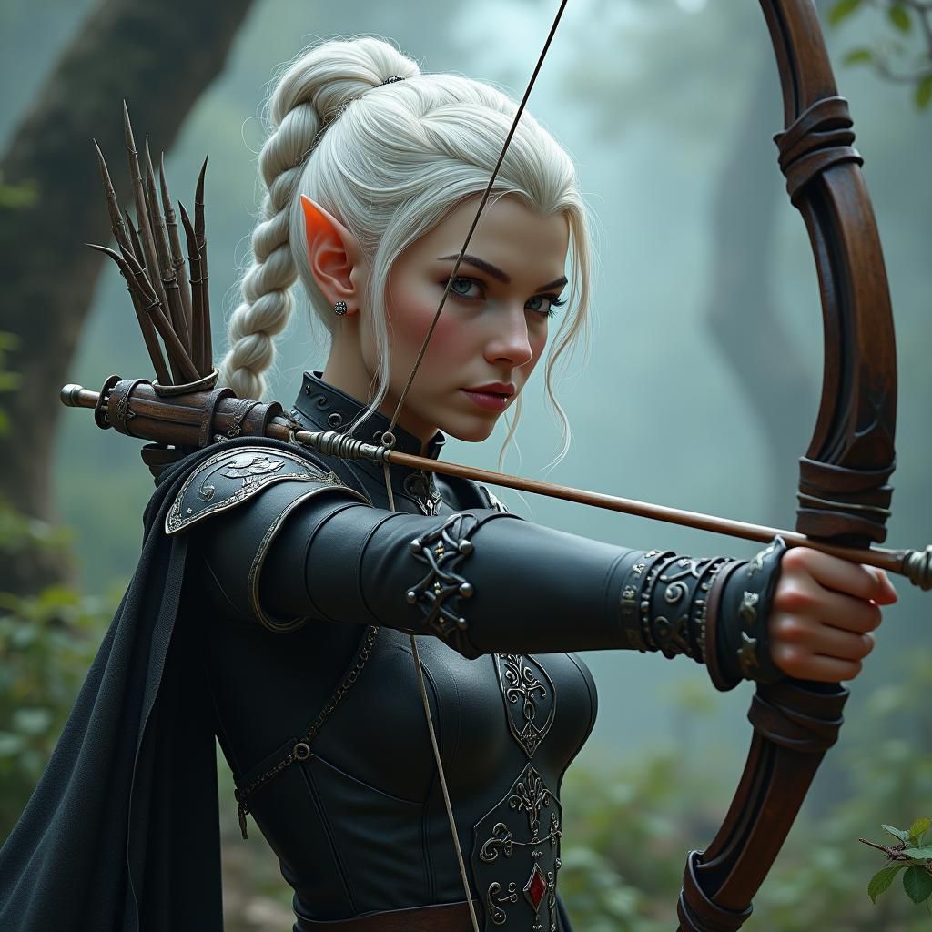 Elf with Longbow in Misty Forest, Ethereal Art