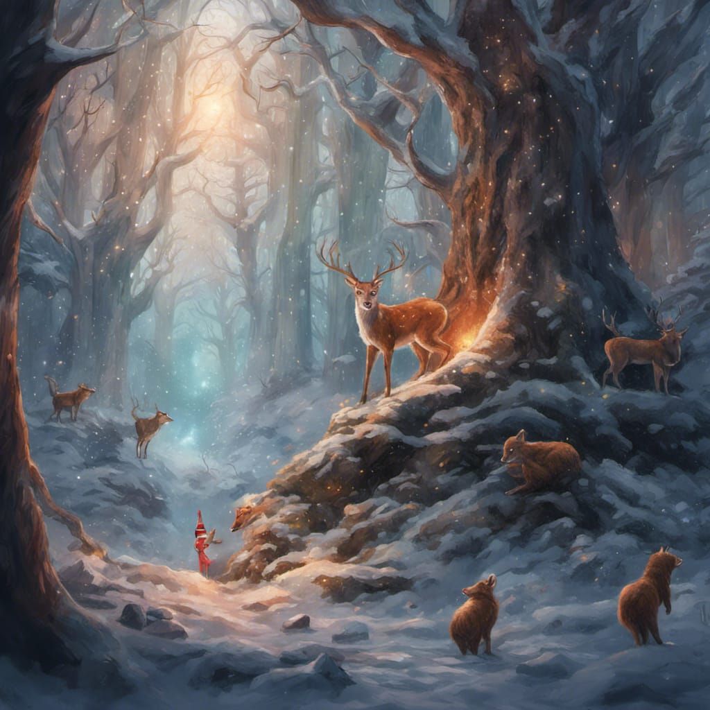 Christmas Forest with Elf and Animals in Hyperrealism